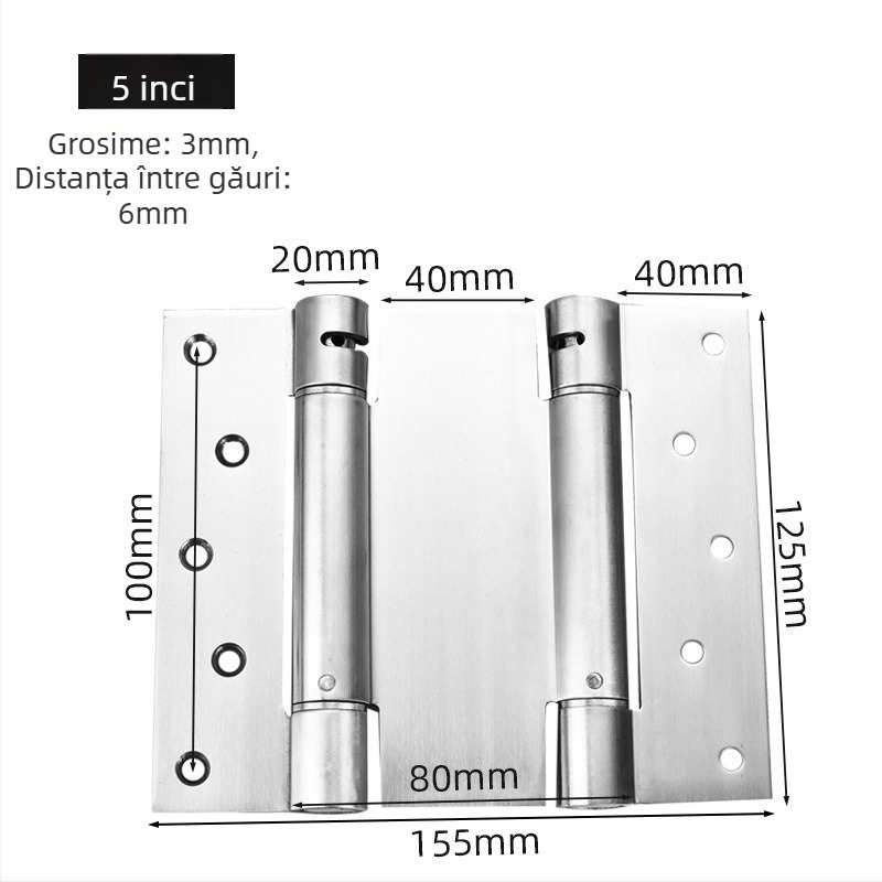 Balama cu arc, din oțel inoxidabil, finisaj periat, deschidere bidirecțională, închidere automată