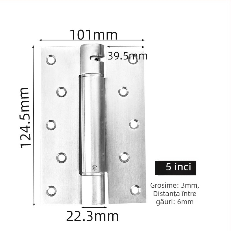 Balama cu arc, din oțel inoxidabil, finisaj periat, deschidere bidirecțională, închidere automată