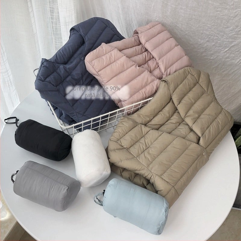 Geacă de puf din nylon pentru femei, croială slim, umplutură din puf de gâscă alb 86–90%, guler rotund