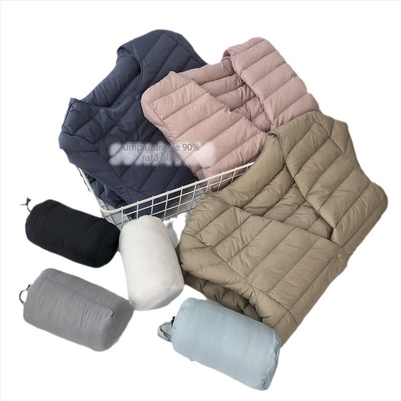 Geacă de puf din nylon pentru femei, croială slim, umplutură din puf de gâscă alb 86–90%, guler rotund