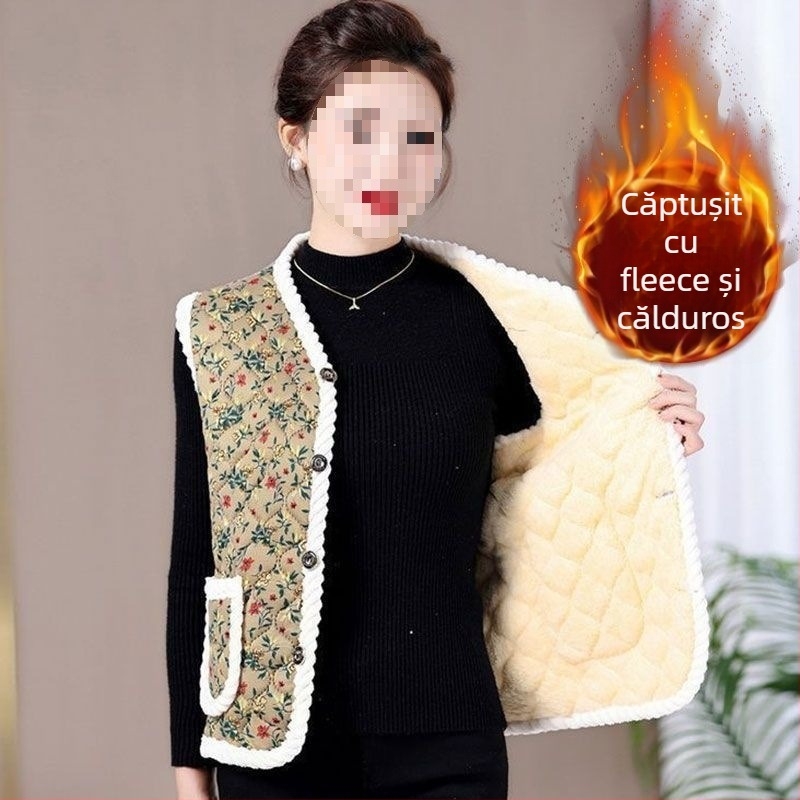 Vestă de damă din lână de miel, decolteu în V, nasture unic, lungime ultra scurtă, umplutură de lână