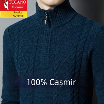 Pulover bărbătesc cu fermoar parțial și guler rotund, tricot gros din amestec de cașmir și lână, mărime mare