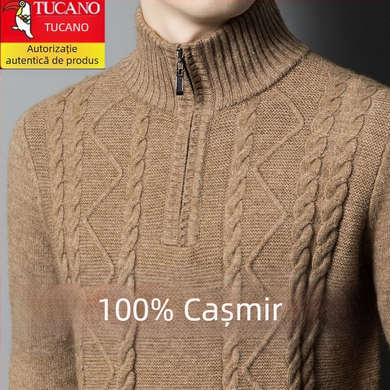 Pulover bărbătesc cu fermoar parțial și guler rotund, tricot gros din amestec de cașmir și lână, mărime mare