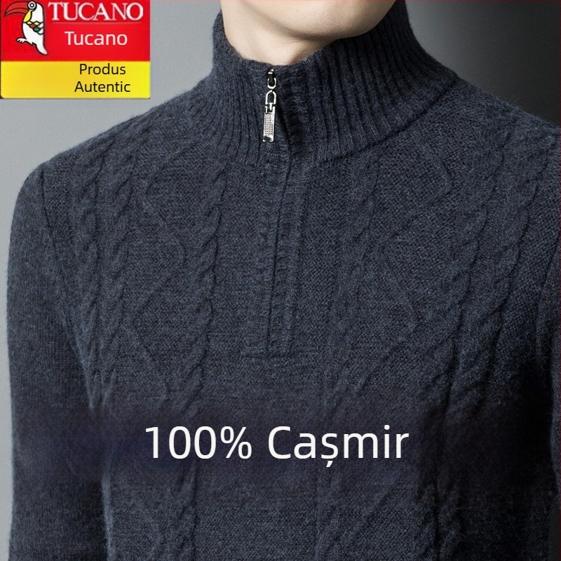 Pulover bărbătesc cu fermoar parțial și guler rotund, tricot gros din amestec de cașmir și lână, mărime mare