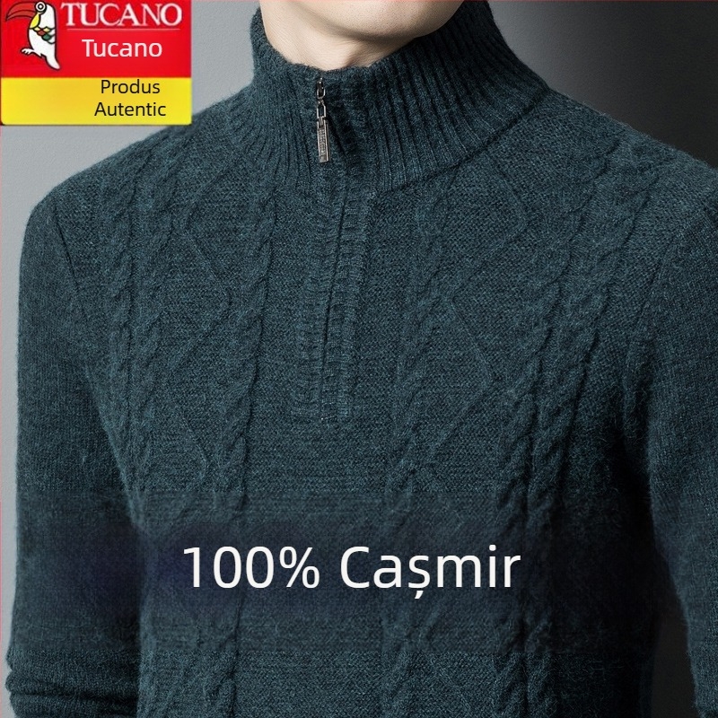 Pulover bărbătesc cu fermoar parțial și guler rotund, tricot gros din amestec de cașmir și lână, mărime mare