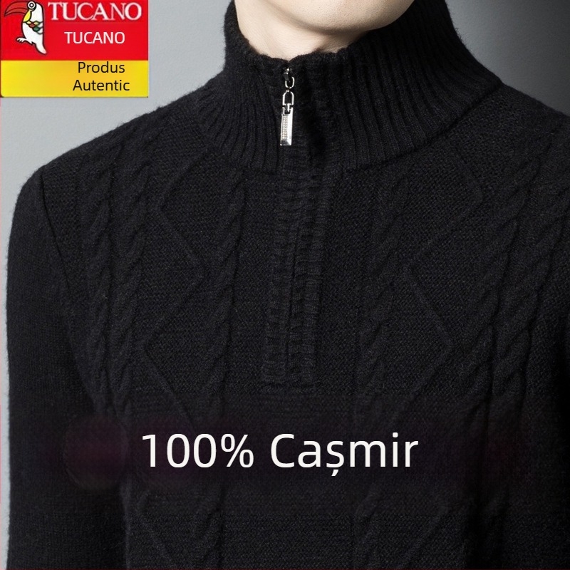 Pulover bărbătesc cu fermoar parțial și guler rotund, tricot gros din amestec de cașmir și lână, mărime mare
