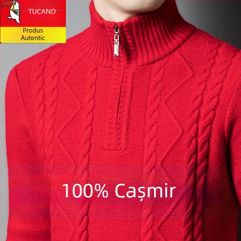 Pulover bărbătesc cu fermoar parțial și guler rotund, tricot gros din amestec de cașmir și lână, mărime mare