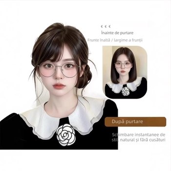 Perucă-topper cu clipsuri, păr real, tricotată manual, franjuri pe partea dreaptă (drept sau înclinat)