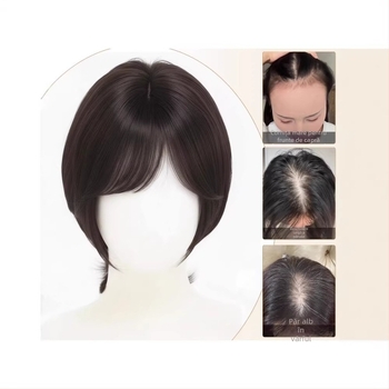 Perucă-topper cu clipsuri, păr real, tricotată manual, franjuri pe partea dreaptă (drept sau înclinat)