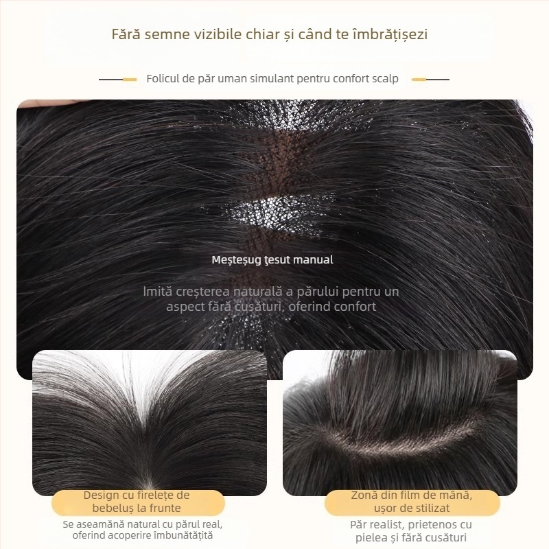 Perucă-topper cu clipsuri, păr real, tricotată manual, franjuri pe partea dreaptă (drept sau înclinat)