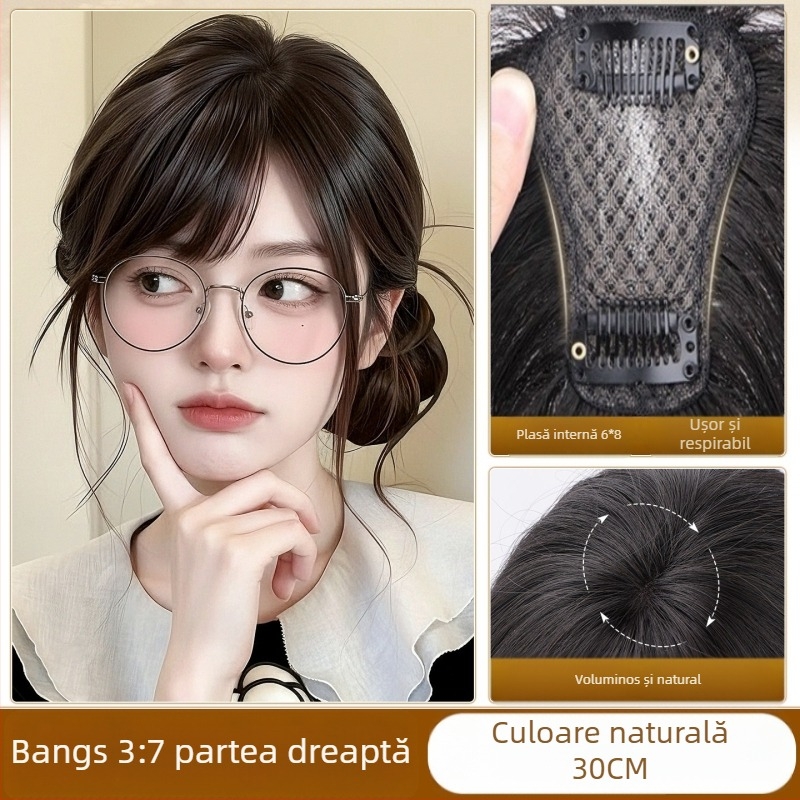 Perucă-topper cu clipsuri, păr real, tricotată manual, franjuri pe partea dreaptă (drept sau înclinat)