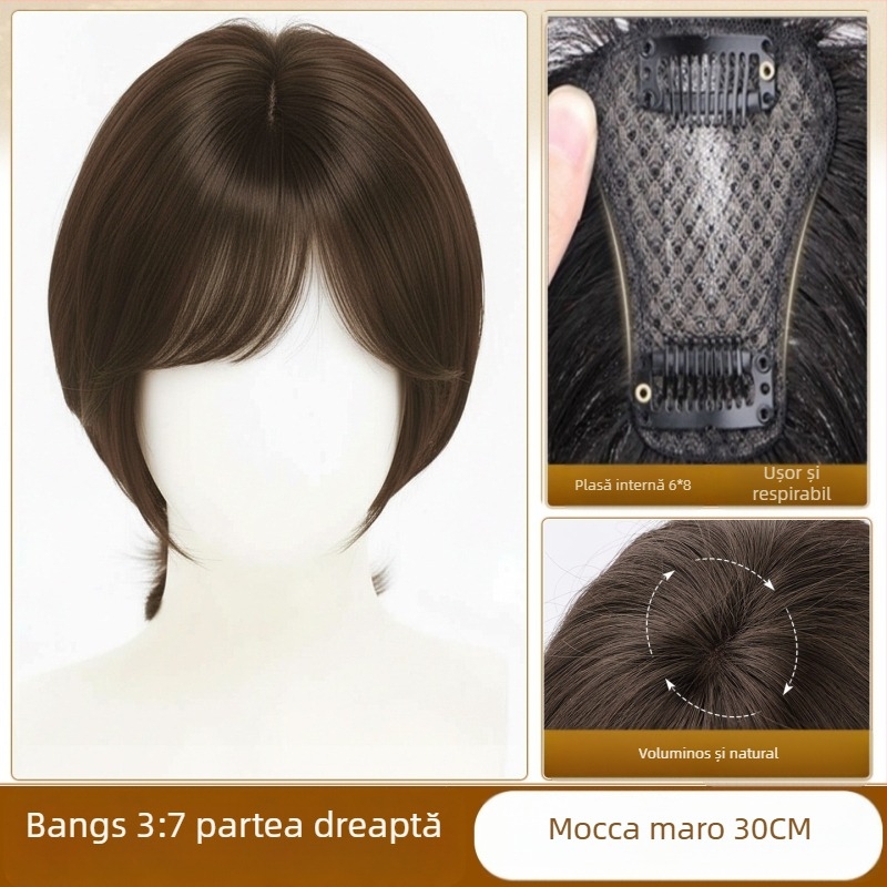 Perucă-topper cu clipsuri, păr real, tricotată manual, franjuri pe partea dreaptă (drept sau înclinat)