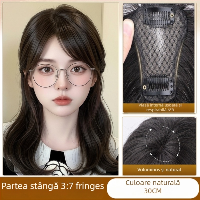 Perucă-topper cu clipsuri, păr real, tricotată manual, franjuri pe partea dreaptă (drept sau înclinat)