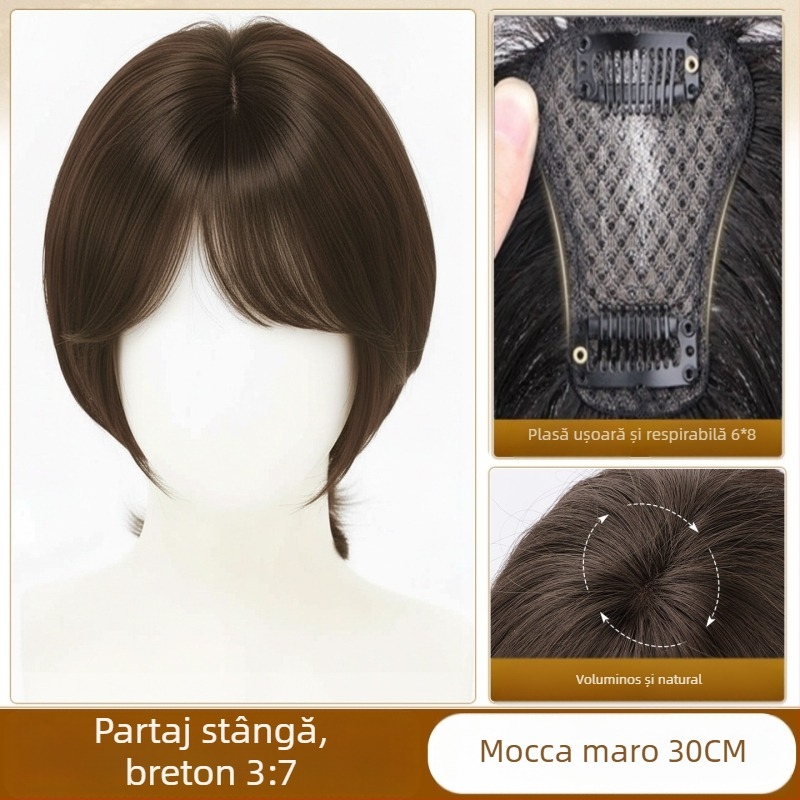 Perucă-topper cu clipsuri, păr real, tricotată manual, franjuri pe partea dreaptă (drept sau înclinat)