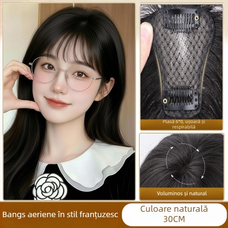 Perucă-topper cu clipsuri, păr real, tricotată manual, franjuri pe partea dreaptă (drept sau înclinat)