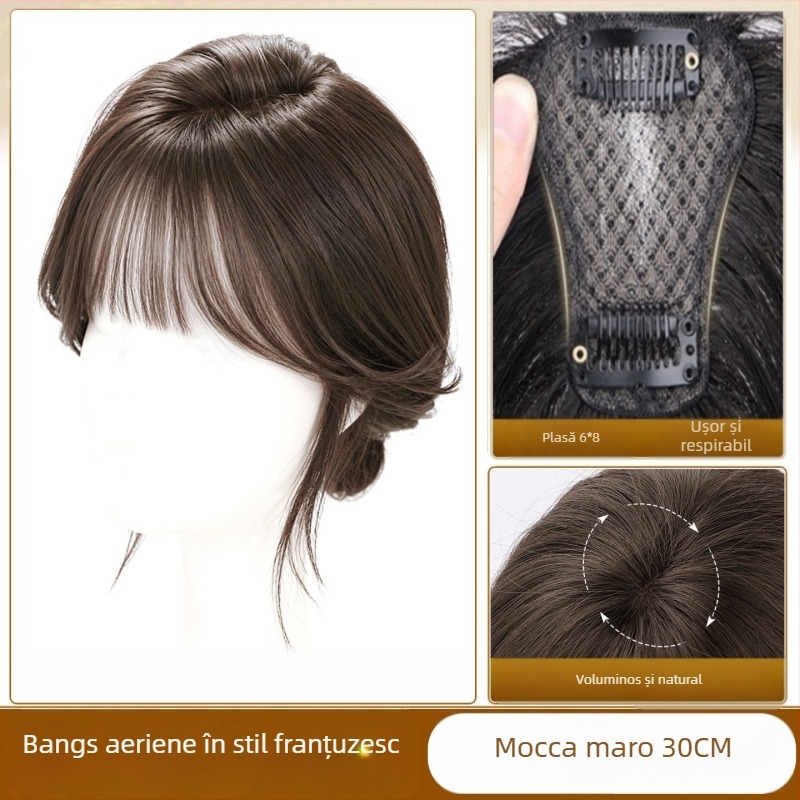 Perucă-topper cu clipsuri, păr real, tricotată manual, franjuri pe partea dreaptă (drept sau înclinat)