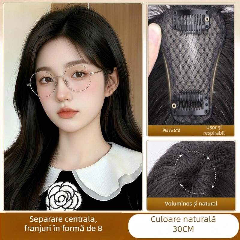 Perucă-topper cu clipsuri, păr real, tricotată manual, franjuri pe partea dreaptă (drept sau înclinat)