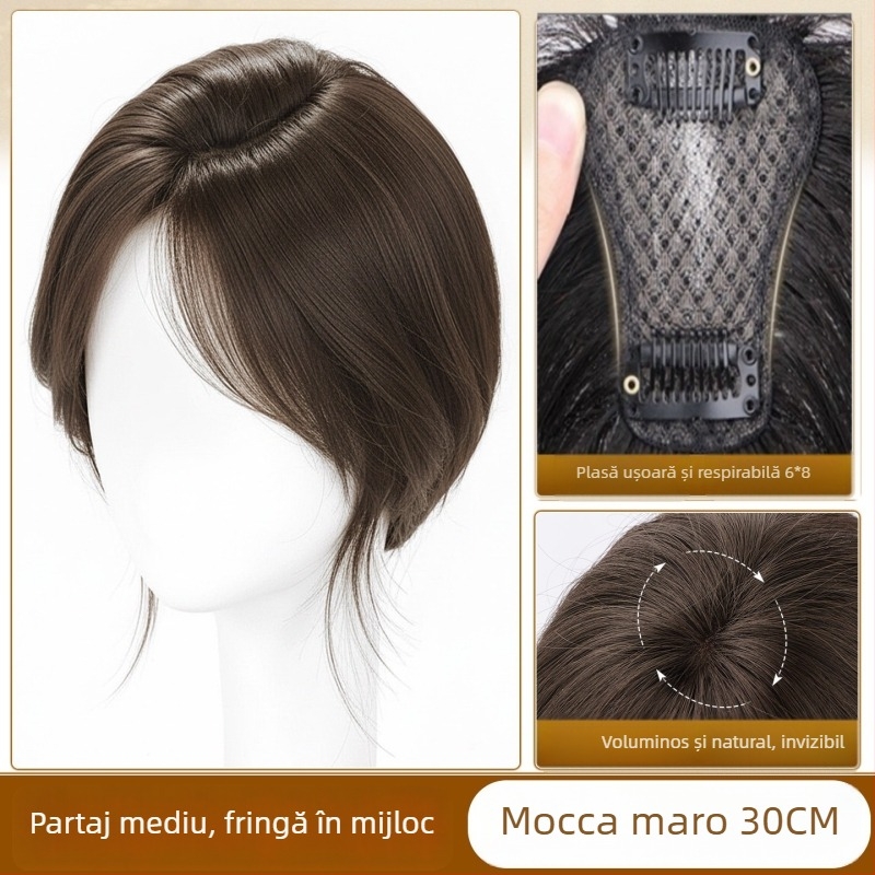 Perucă-topper cu clipsuri, păr real, tricotată manual, franjuri pe partea dreaptă (drept sau înclinat)