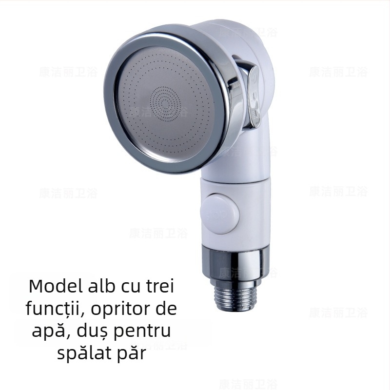 Set de duș ABS, montaj pe perete, duză de creștere a presiunii, reglaj în trei trepte, oprire a apei cu un singur buton