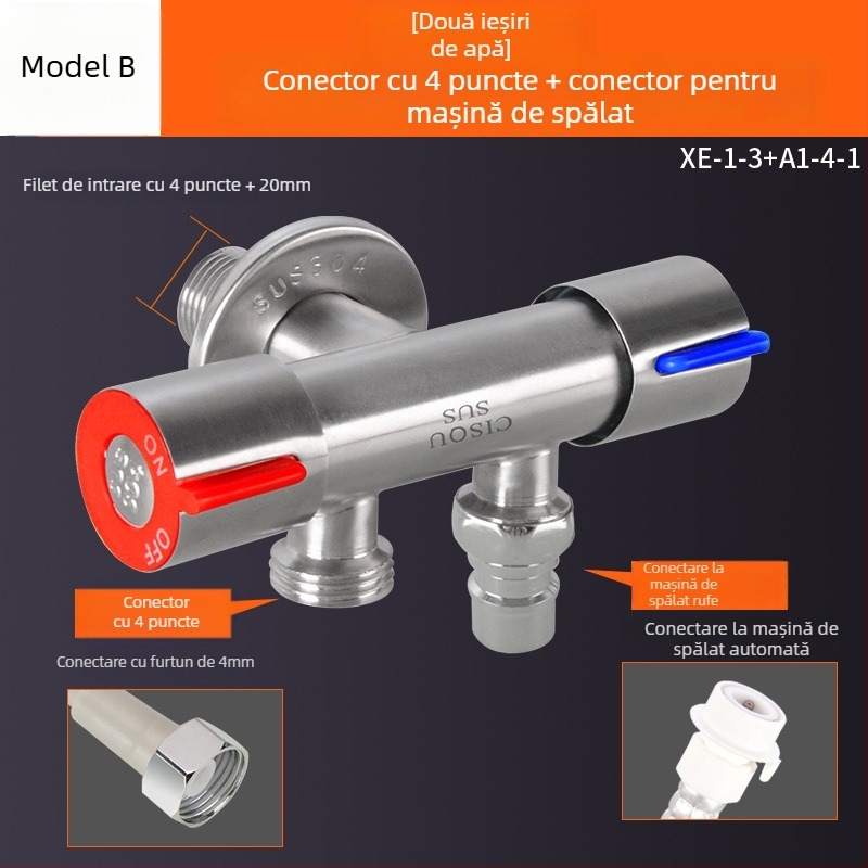 Distribuitor de apă din oțel inoxidabil 304, intrare 1, ieșire 2, robinet unghiular cu 3 căi pentru toaletă și mașină de spălat
