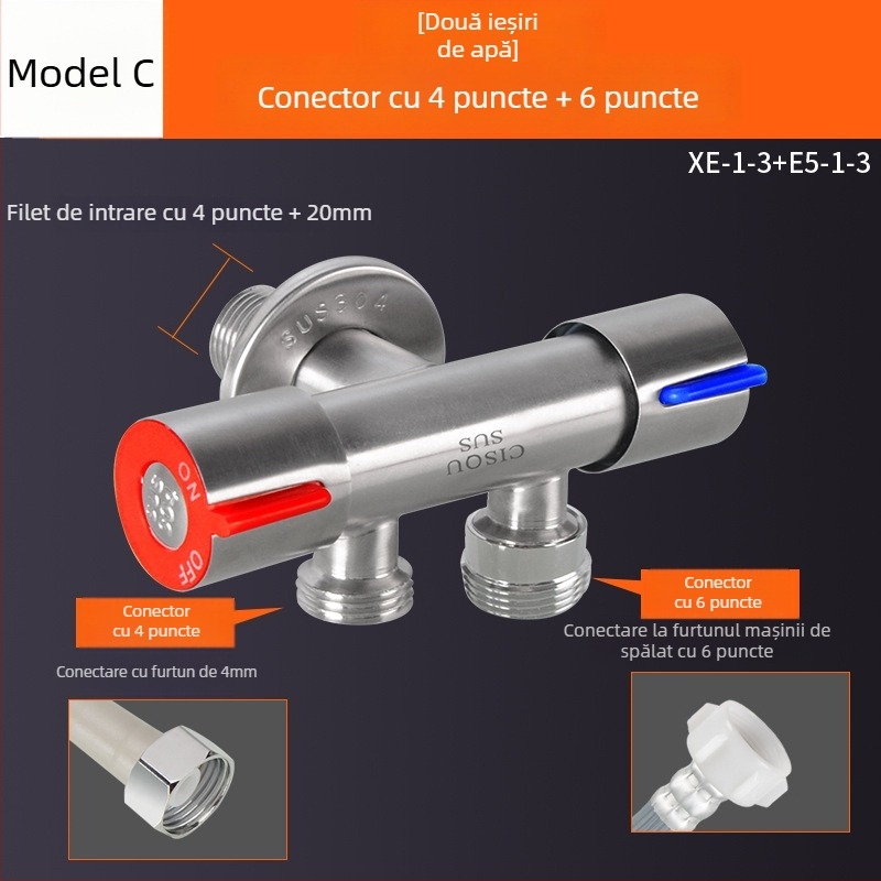 Distribuitor de apă din oțel inoxidabil 304, intrare 1, ieșire 2, robinet unghiular cu 3 căi pentru toaletă și mașină de spălat