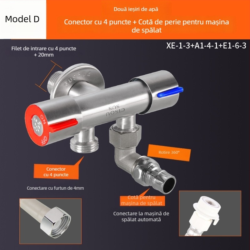 Distribuitor de apă din oțel inoxidabil 304, intrare 1, ieșire 2, robinet unghiular cu 3 căi pentru toaletă și mașină de spălat