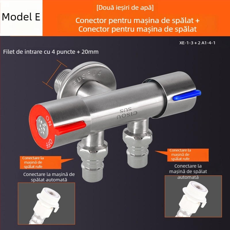 Distribuitor de apă din oțel inoxidabil 304, intrare 1, ieșire 2, robinet unghiular cu 3 căi pentru toaletă și mașină de spălat