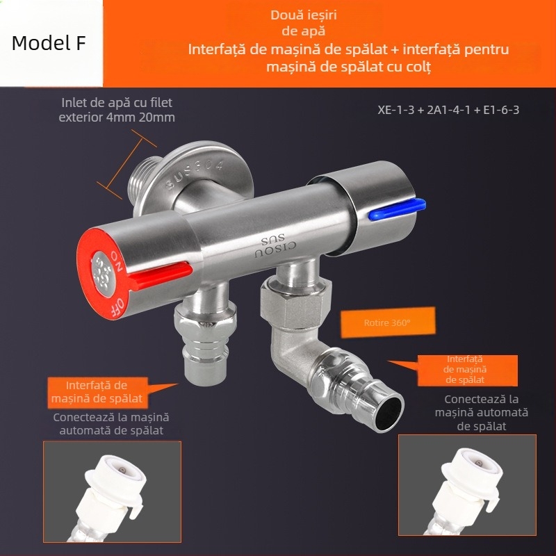 Distribuitor de apă din oțel inoxidabil 304, intrare 1, ieșire 2, robinet unghiular cu 3 căi pentru toaletă și mașină de spălat