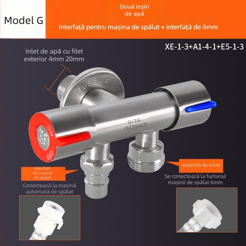 Distribuitor de apă din oțel inoxidabil 304, intrare 1, ieșire 2, robinet unghiular cu 3 căi pentru toaletă și mașină de spălat