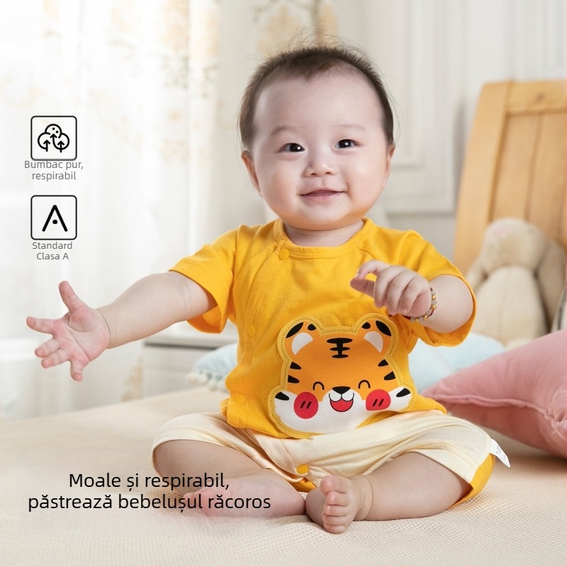 Pidole salopetă bebeluți din bumbac 100% unisex, țesătură subțire, absorbție a umezelii, imprimeu cu desene animate, vară