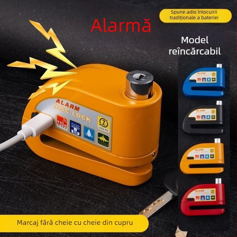 Blocare disc cu alarmă reîncărcabilă pentru bicicletă, aliaj de aluminiu, 281 g, Model D02, Cod articol D01