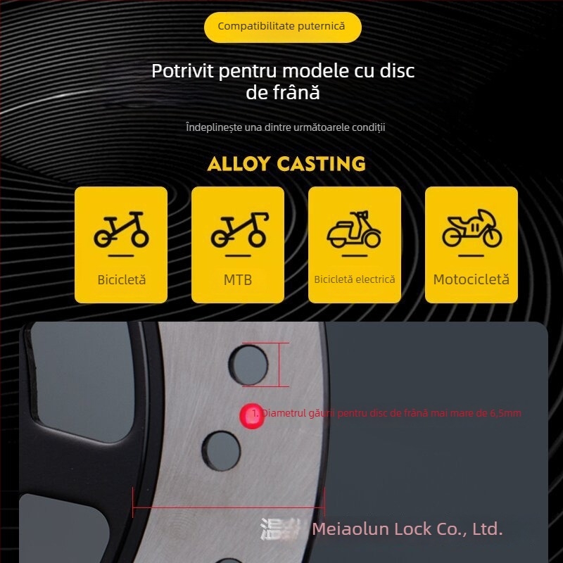 Blocare disc cu alarmă reîncărcabilă pentru bicicletă, aliaj de aluminiu, 281 g, Model D02, Cod articol D01