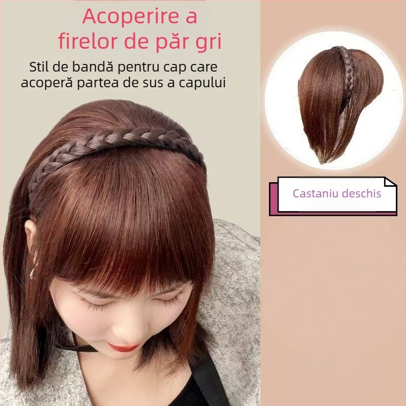 Perucă cu bandă pentru cap și breton, perucă dintr-o bucată, Breton Qi, fibre rezistente la căldură, creșterea volumului părului