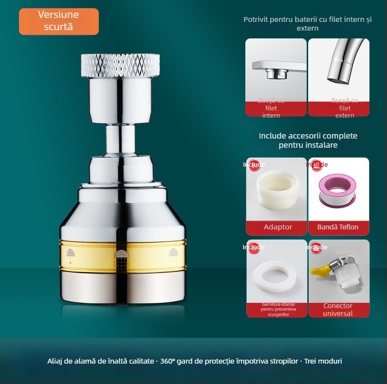 Extensie pentru baterie de bucătărie cu conector de conversie universal, oțel inoxidabil 304, acoperire electroplacată, instalare manuală, model Semi-Copper