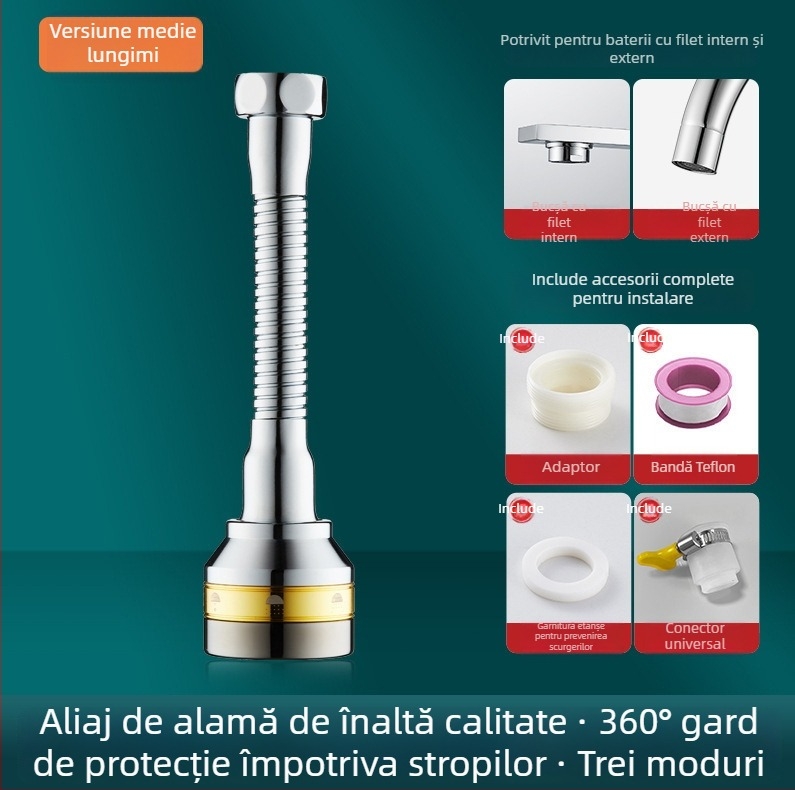 Extensie pentru baterie de bucătărie cu conector de conversie universal, oțel inoxidabil 304, acoperire electroplacată, instalare manuală, model Semi-Copper