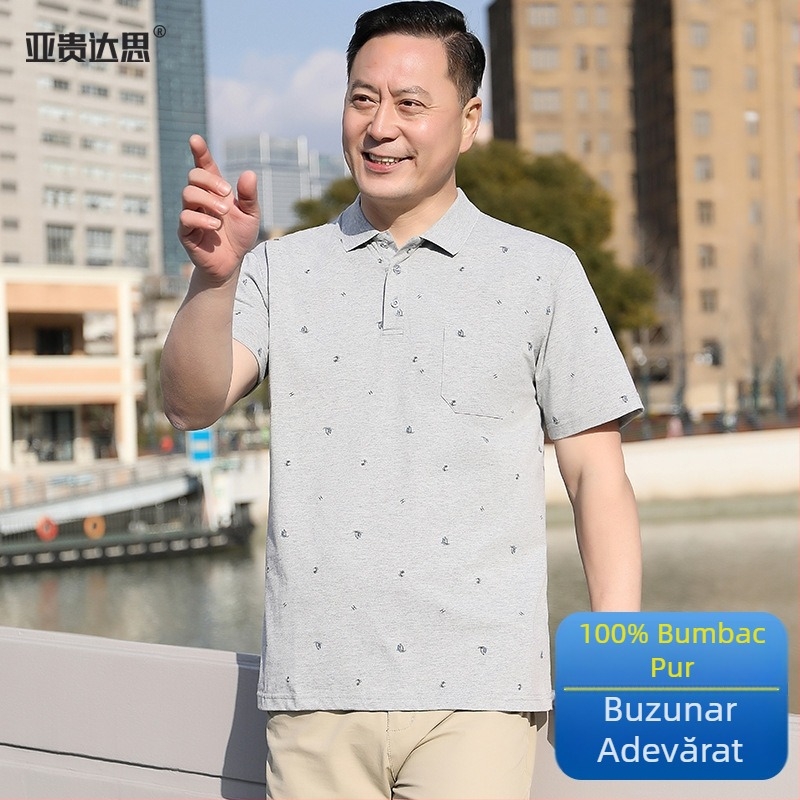 Tricou bărbați din bumbac cu guler polo și buzunar pe piept, mâneci scurte, croială lejeră, vară pentru bărbați de vârstă mijlocie și vârstnici.
