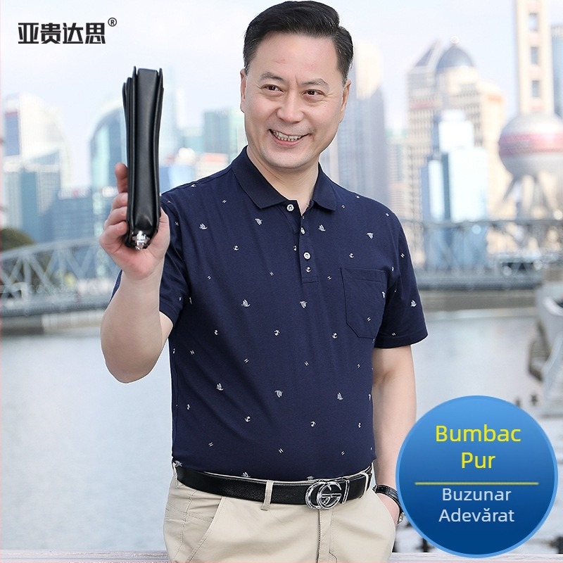 Tricou bărbați din bumbac cu guler polo și buzunar pe piept, mâneci scurte, croială lejeră, vară pentru bărbați de vârstă mijlocie și vârstnici.