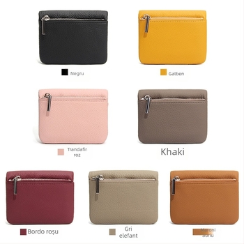 Portofel compact din piele de vită de prim strat, Unisex, fermoar subțire, suport pentru carduri și monede, pentru uz zilnic