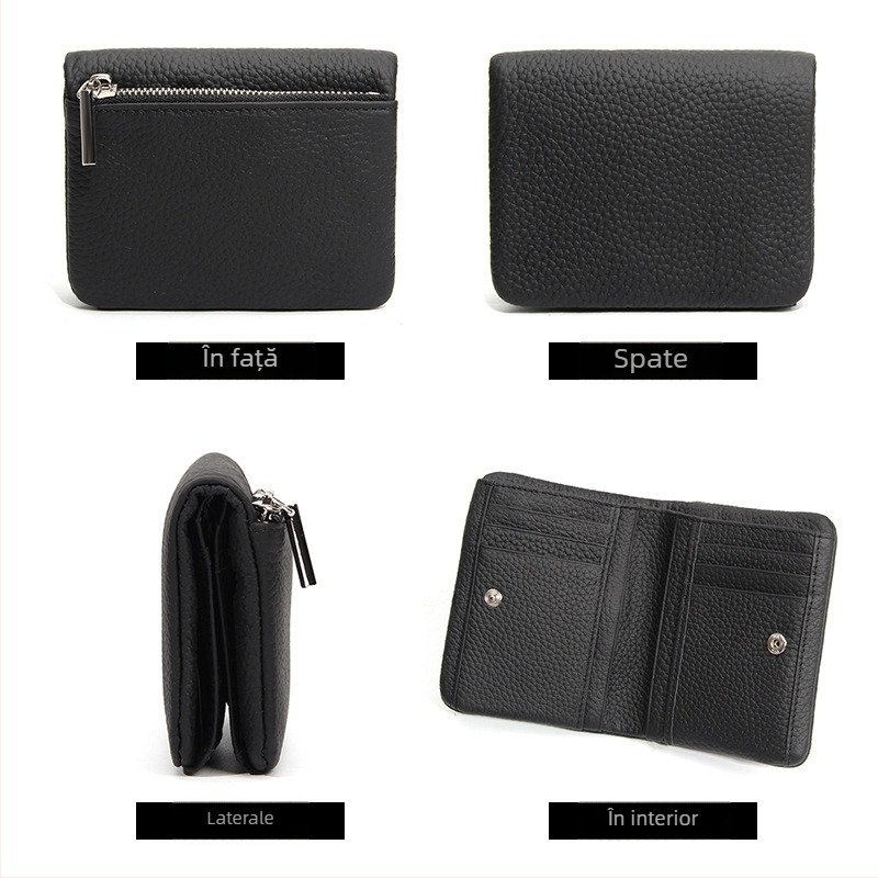 Portofel compact din piele de vită de prim strat, Unisex, fermoar subțire, suport pentru carduri și monede, pentru uz zilnic