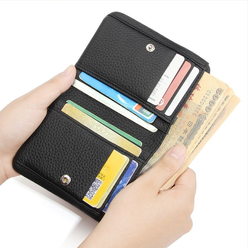 Portofel compact din piele de vită de prim strat, Unisex, fermoar subțire, suport pentru carduri și monede, pentru uz zilnic