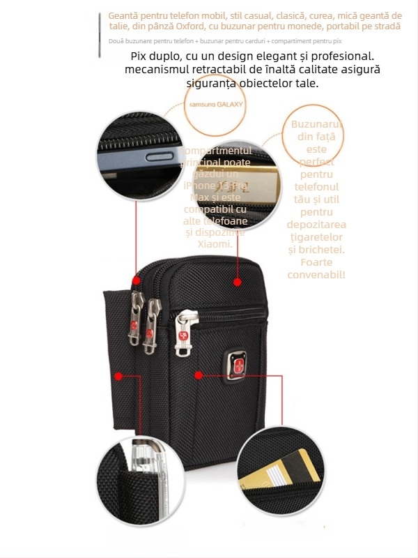 Geantă pentru telefon de bărbați, cu fermoar, din Oxford, formă verticală pătrată, stil street