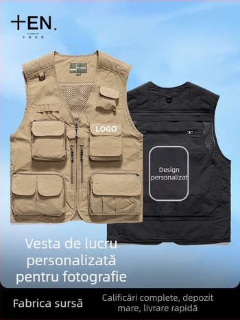 Vesta de lucru pentru fotografie cu logo personalizat, buzunare multiple, panouri din plasă, nylon/poliamid 100%, fermoar, croială lejeră