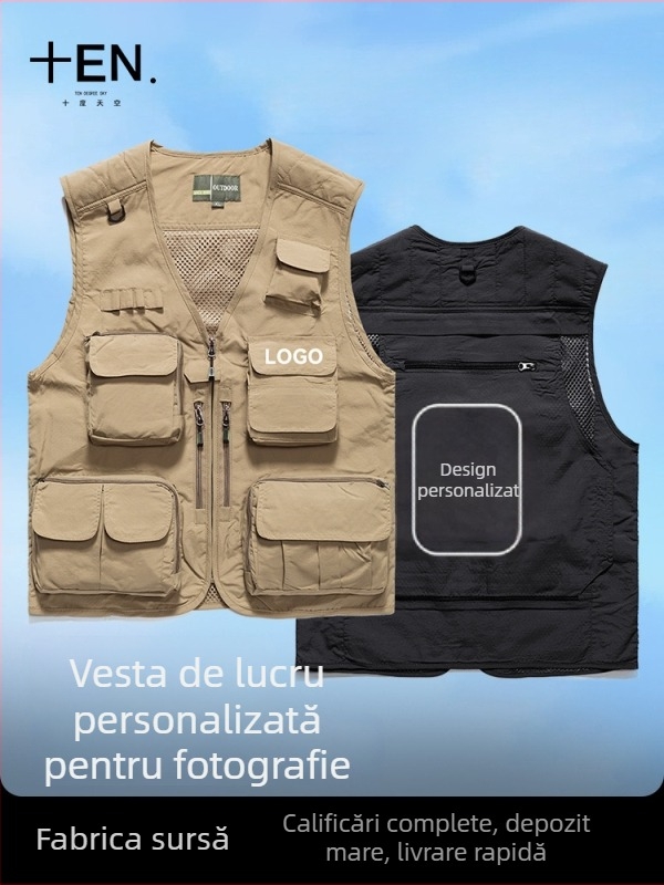 Vesta de lucru pentru fotografie cu logo personalizat, buzunare multiple, panouri din plasă, nylon/poliamid 100%, fermoar, croială lejeră