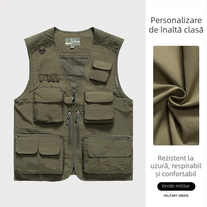 Vesta de lucru pentru fotografie cu logo personalizat, buzunare multiple, panouri din plasă, nylon/poliamid 100%, fermoar, croială lejeră