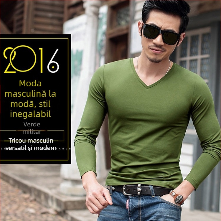 Tricou bărbătesc slim-fit, cu mâneci lungi, stil casual, poliester, model uni