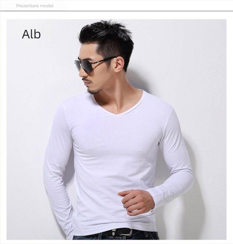 Tricou bărbătesc slim-fit, cu mâneci lungi, stil casual, poliester, model uni