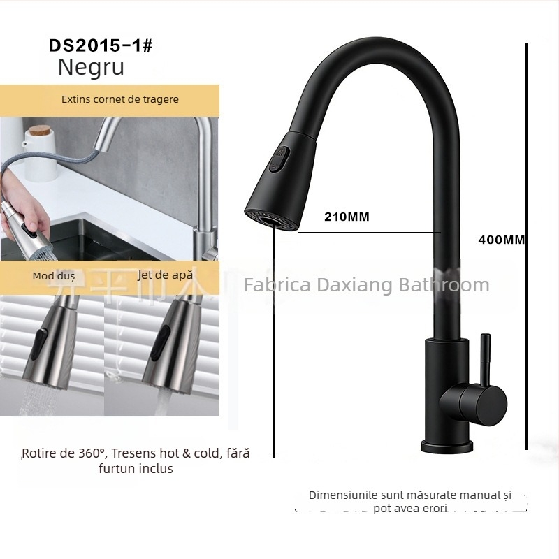 Robinet de bucătărie cu tragere din oțel inoxidabil 304, apă caldă și rece, duză retractabilă, model A-102, intrare 1/2in