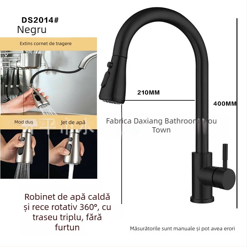 Robinet de bucătărie cu tragere din oțel inoxidabil 304, apă caldă și rece, duză retractabilă, model A-102, intrare 1/2in