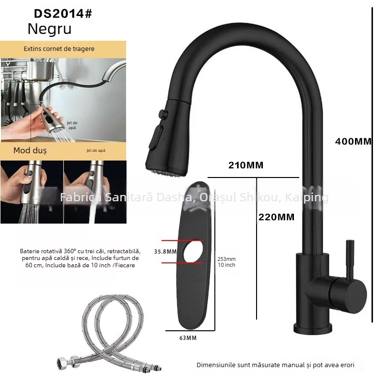 Robinet de bucătărie cu tragere din oțel inoxidabil 304, apă caldă și rece, duză retractabilă, model A-102, intrare 1/2in