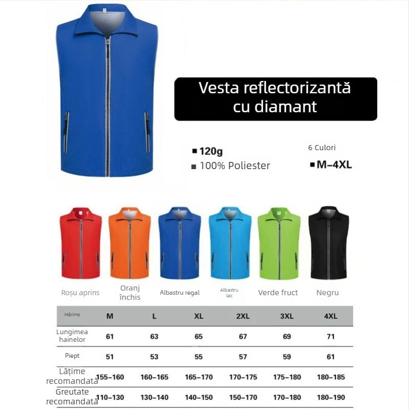 Vestă de lucru personalizată pentru voluntari, cu logo tipărit, cu glugă și fermoar, model monocrom, material principal: 100% poliester, croială dreaptă, pentru toate anotimpurile